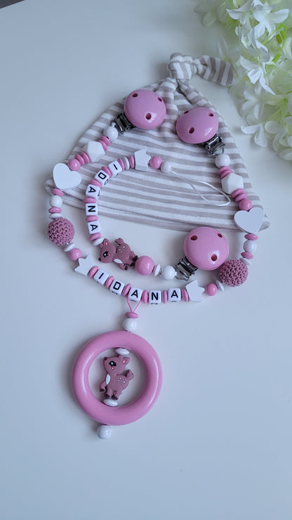3tlg.Set Schnullerkette Kinderwagenkette & Greifring mit Namen Reh babyrosa weiss