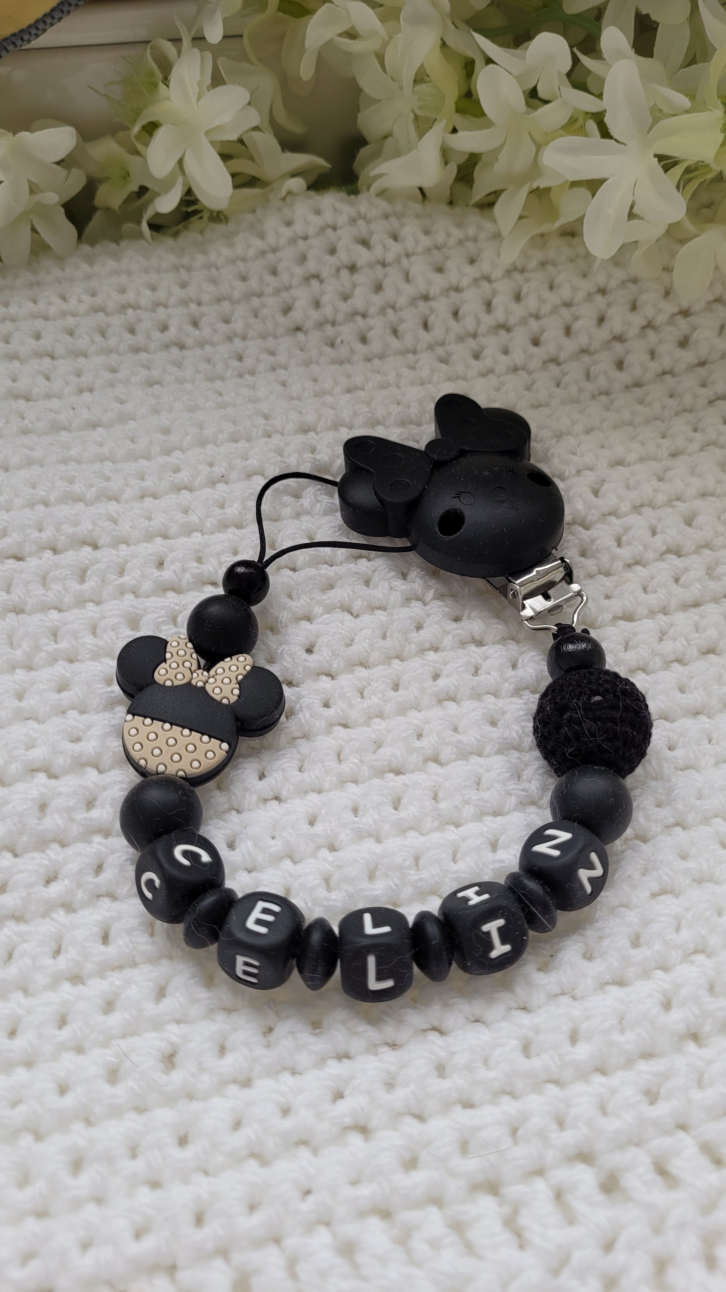 Schnullerkette mit Namen für Mädchen Black Maus