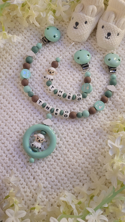 Kinderwagenkette & Schnullerkette Set Baby Schäfchen für Jungen braun mint grün