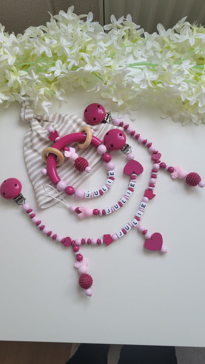 Komplett Set 3tlg Schnullerkette Kinderwagenkette Greifring mit Namen Minnie Maus pink rosa