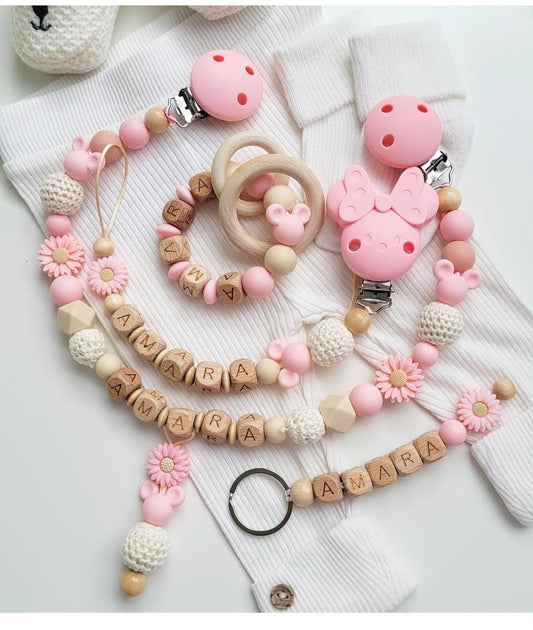 4tlg Traumset Schnullerkette Kinderwagenkette  Greifring und Schlüsselanhänger Maus apricot