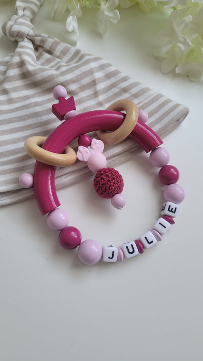 Komplett Set 3tlg Schnullerkette Kinderwagenkette Greifring mit Namen Minnie Maus pink rosa