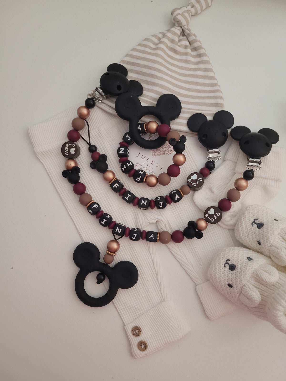 3er Set Schnullerkette, Kinderwagenkette & Mausbeißring mit Namen Roségold schwarz braun weinrot