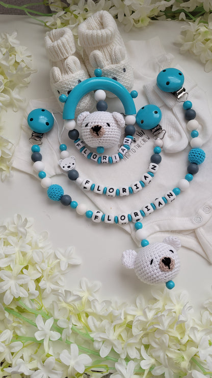 3tlg.Set Schnullerkette Kinderwagenkette & Greifring Bärchen