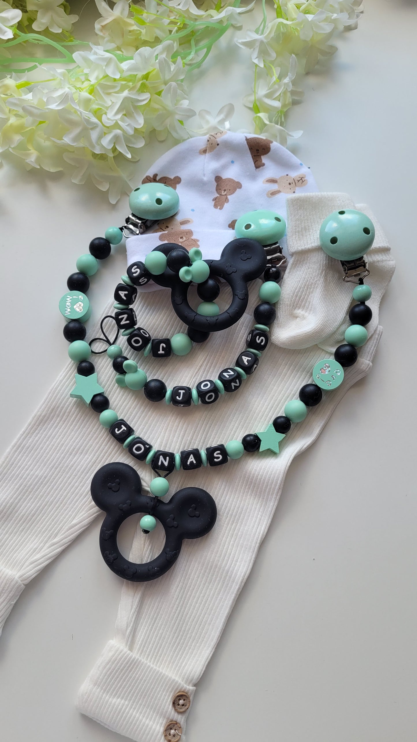 3er Set Schnullerkette, Kinderwagenkette & Greifring mit Namen Maus | mint türkis | JULEVI