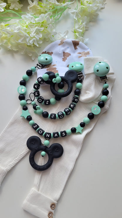 3er Set Schnullerkette, Kinderwagenkette & Greifring mit Namen Maus | mint türkis | JULEVI
