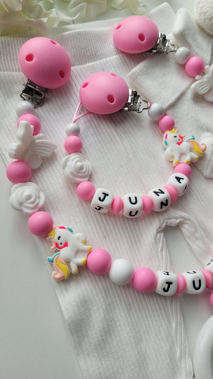 Kinderwagenkette & Schnullerkette mit Namen Kleines Regenbogen Einhorn