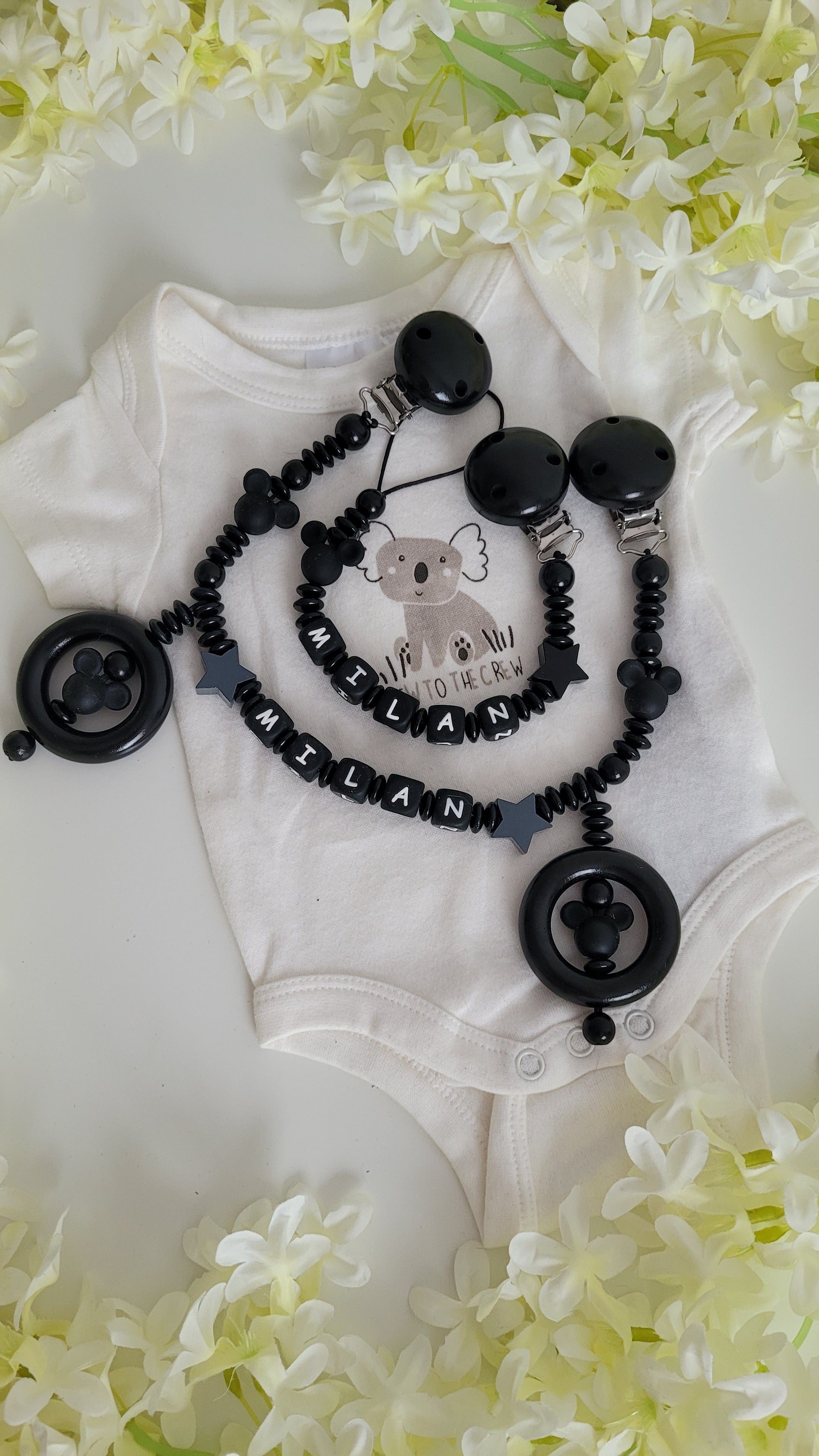 Schnullerkette Kinderwagenkette mit Namen schwarz Holzperlen Mickey Maus Silikon 