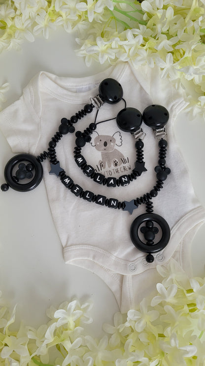 Schnullerkette Kinderwagenkette mit Namen schwarz Holzperlen Mickey Maus Silikon 