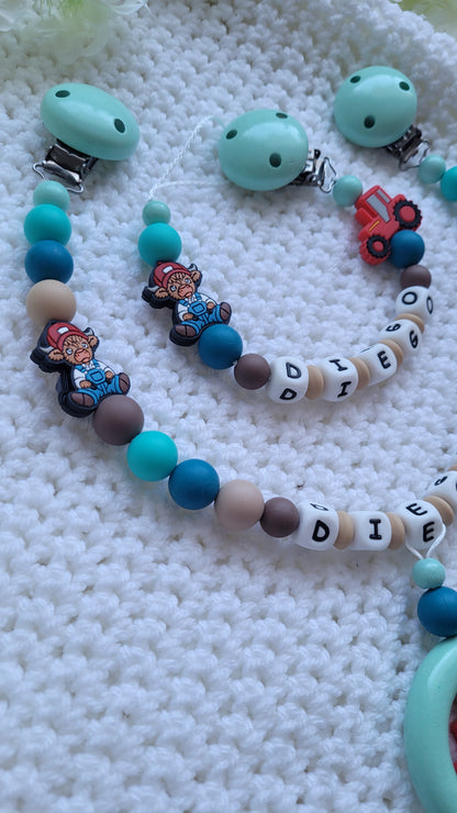 Kinderwagenkette & Schnullerkette Set Baby Bauernhof für Jungen braun petrol türkis