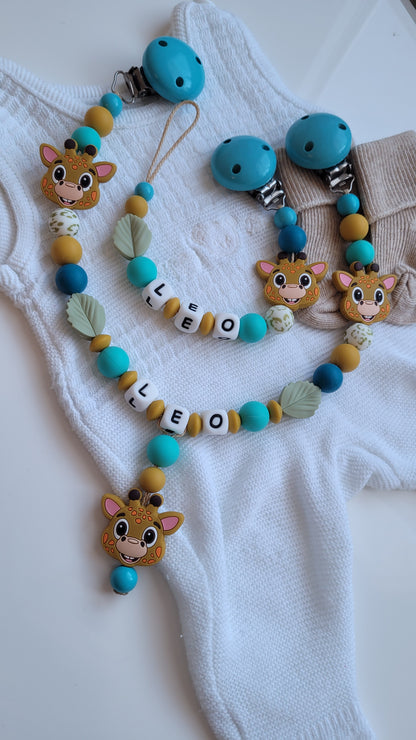 Kinderwagenkette & Schnullerkette mit Namen Giraffe türkis