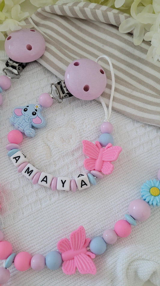 Kinderwagenkette & Schnullerkette * Elefant* blau pink