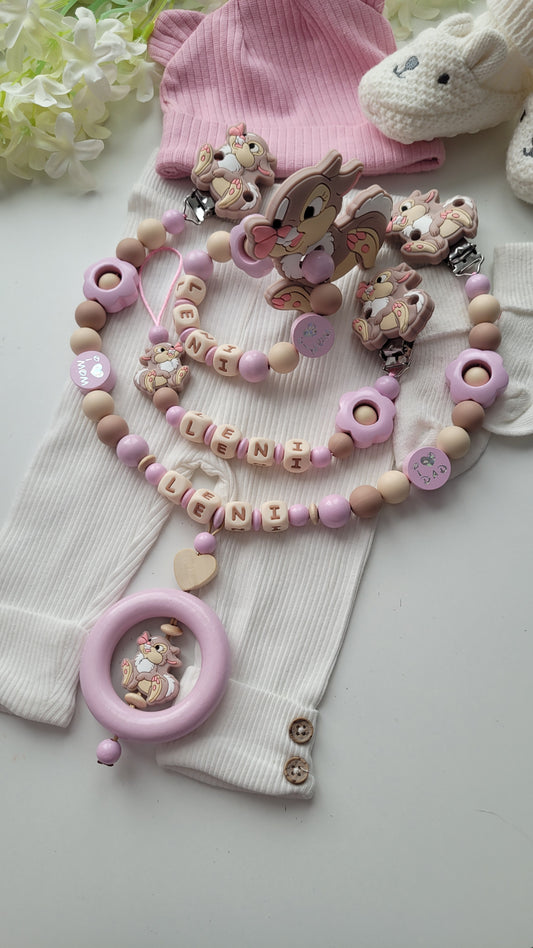 3tlg Set Schnullerkette Kinderwagenkette Beissring Hase & Blumen rosa taupe