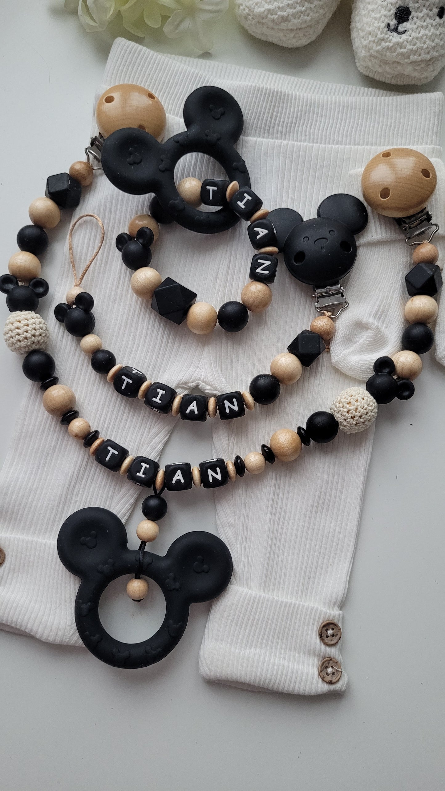 3tlg Set Schnullerkette Kinderwagenkette Spielring Maus schwarz holz