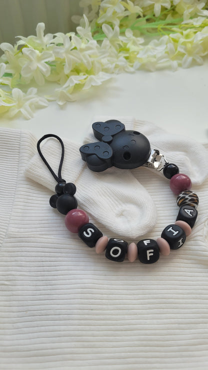 Kinderwagenkette & Schnullerkette mit Namen für Mädchen Minniemaus schwarz graurose