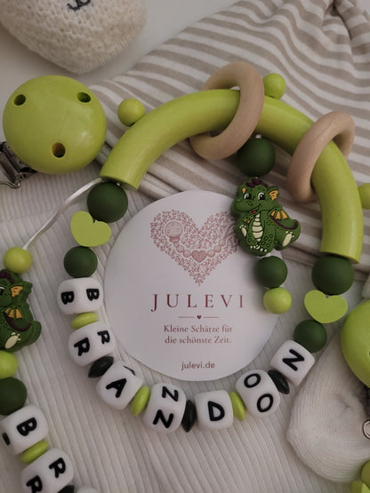3er Set Schnullerkette, Kinderwagenkette & Beißring mit Namen Drache dunkelgrün hellgrün