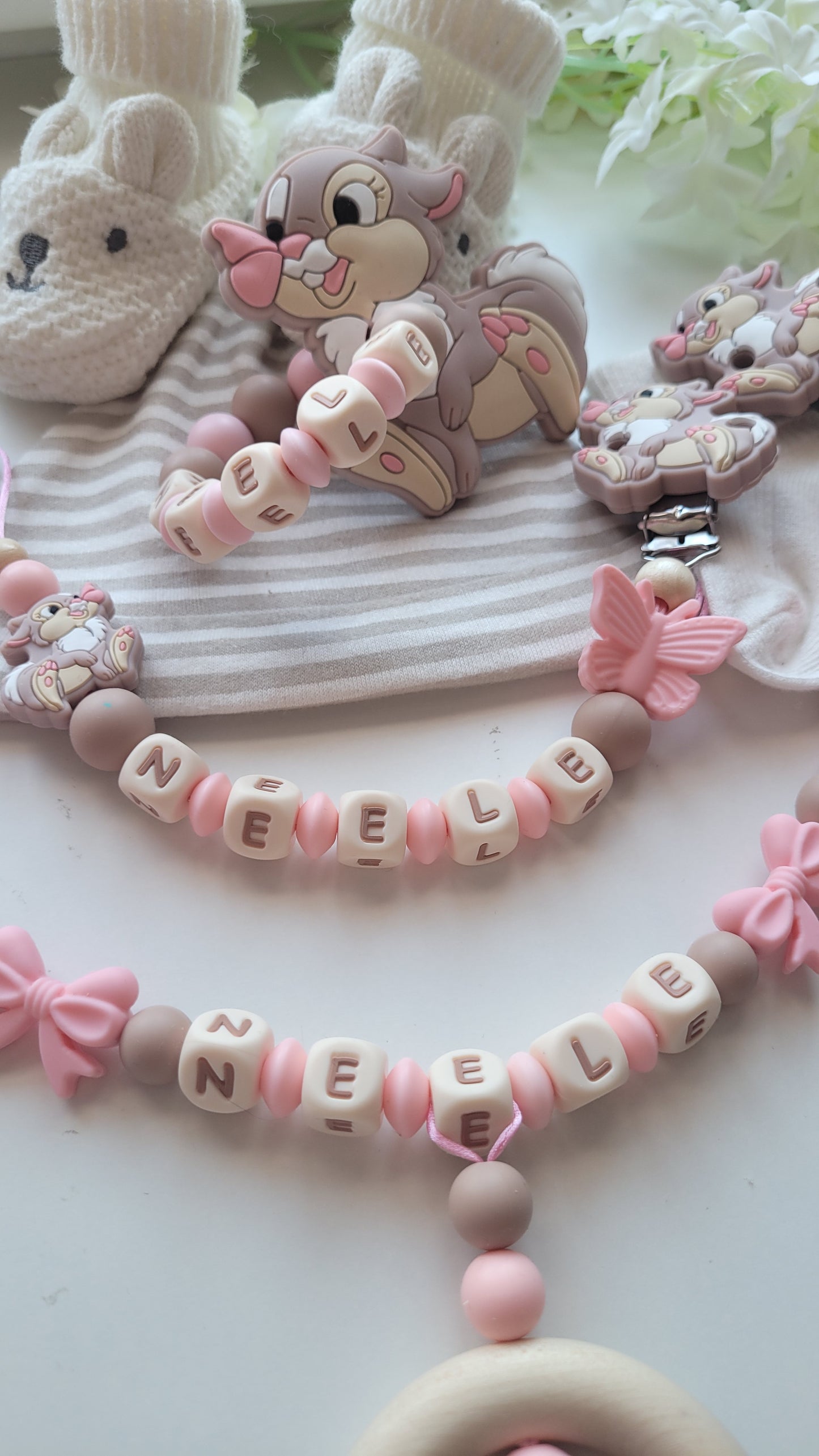 3tlg Set Schnullerkette Kinderwagenkette Beissring Hase Schmetterling apricot taupe
