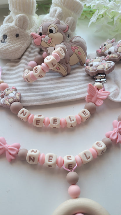 3tlg Set Schnullerkette Kinderwagenkette Beissring Hase Schmetterling apricot taupe