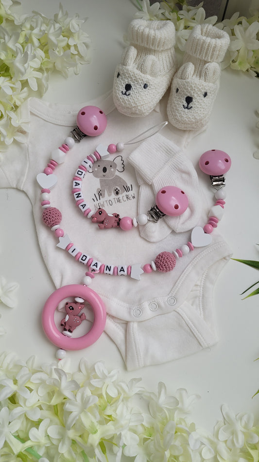 Kinderwagenkette & Schnullerkette mit Namen für Mädchen Rehkitz rosa