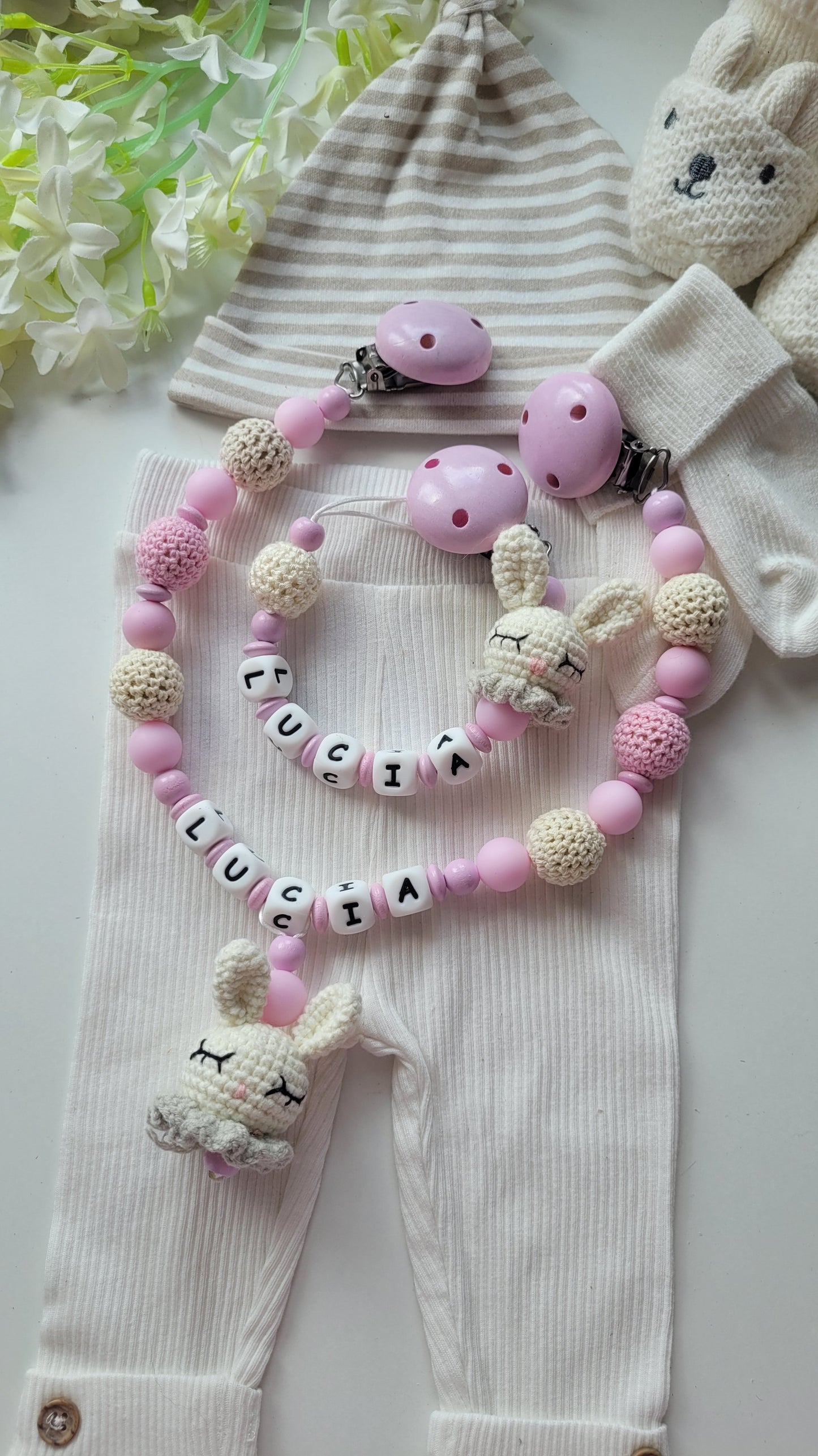 3tlg Set Schnullerkette Kinderwagenkette Beissring Hasen