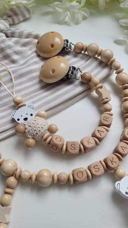 Kinderwagenkette & Schnullerkette mit Namen Bärchen holz