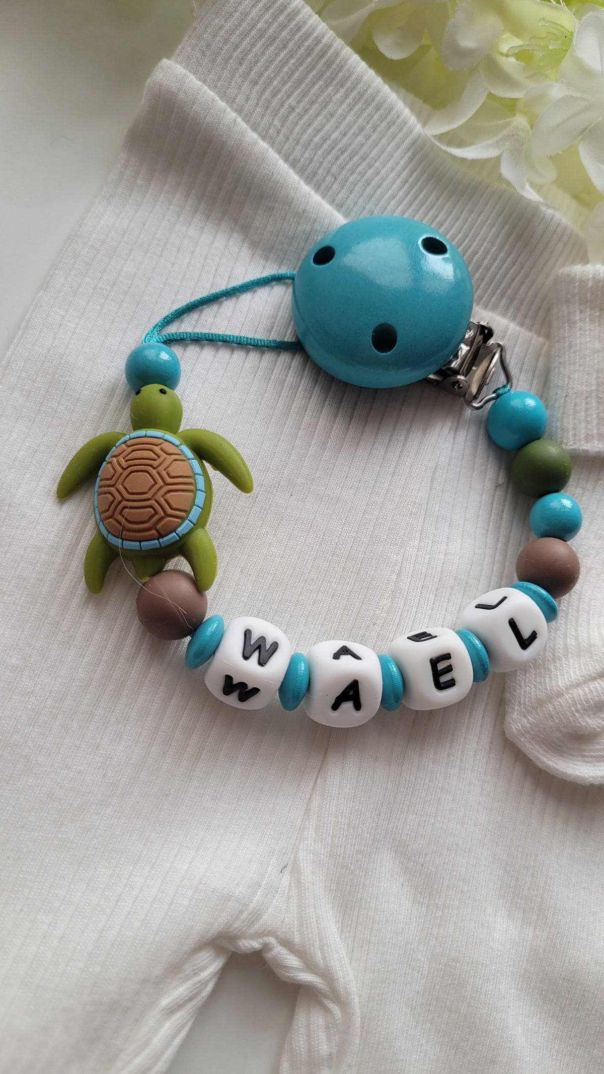 Schnullerkette mit Namen Jungen Schildkröte petrol braun grün | personalisiert
