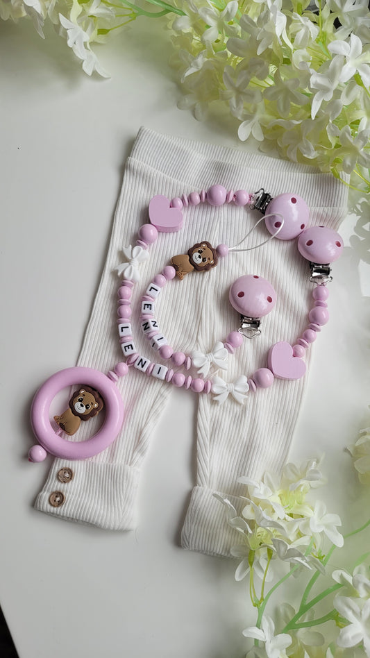 Kinderwagenkette & Schnullerkette mit Namen Löwe rosa