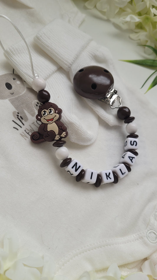 Schnullerkette mit Namen für Jungen Affe braun weiß