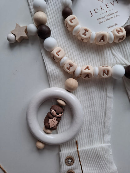 Kinderwagenkette & Schnullerkette Set mit Namen Otter weiß braun Holz | personalisiert