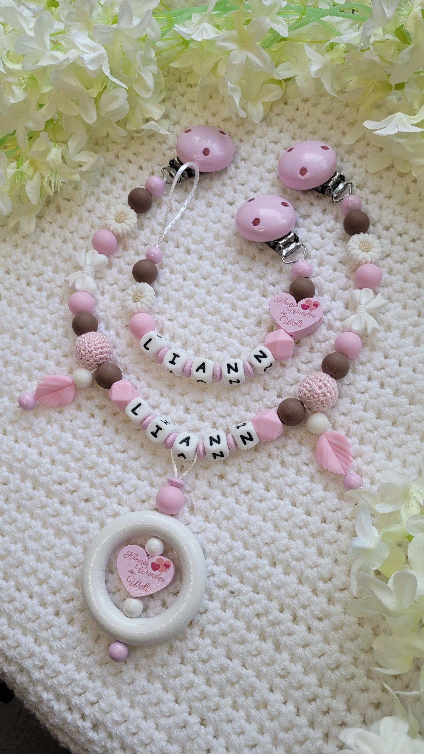Kinderwagenkette & Schnullerkette mit Namen rosa Kleines Wunder der Welt