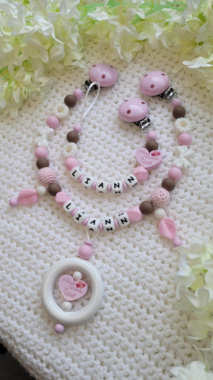 Kinderwagenkette & Schnullerkette mit Namen rosa Kleines Wunder der Welt