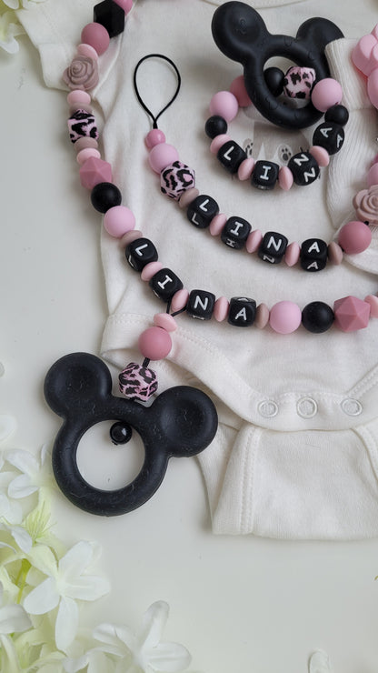 3tlg Set Minnie Maus Maus rosa Personalisierte Schnullerkette & Kinderwagenkette inkl. Beissring mit Wunschnamen