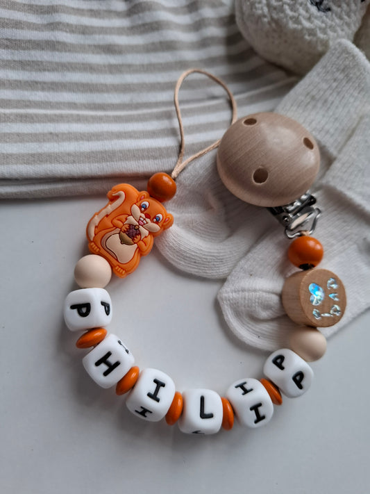 Schnullerkette mit Namen für Jungen Eichhörnchen orange I love mom und dad