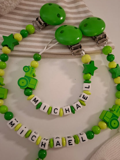 Kinderwagenkette & Schnullerkette Set mit Namen Traktor grün hellgrün personalisiert