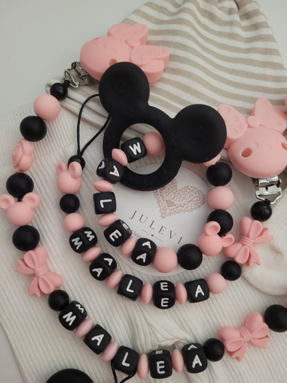 3er Set Schnullerkette, Kinderwagenkette & Greifring mit Namen Maus Rosen Schleifen schwarz peach
