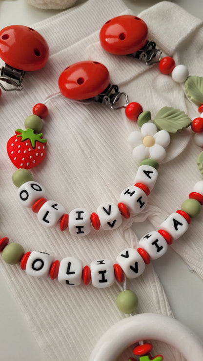 Kinderwagenkette & Schnullerkette mit Namen Erdbeere & Blume