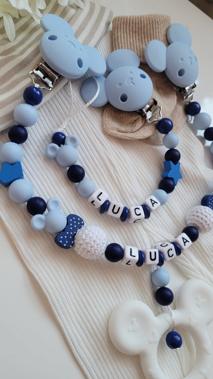 Kinderwagenkette & Schnullerkette mit Namen *Maus*  hellblau marine