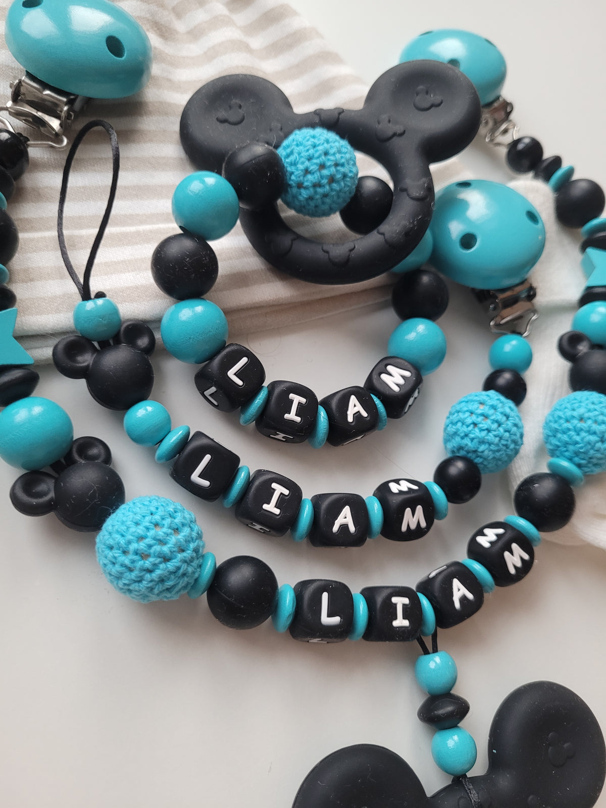 3er Set Schnullerkette Kinderwagenkette & Greifring mit Namen Maus türkis schwarz
