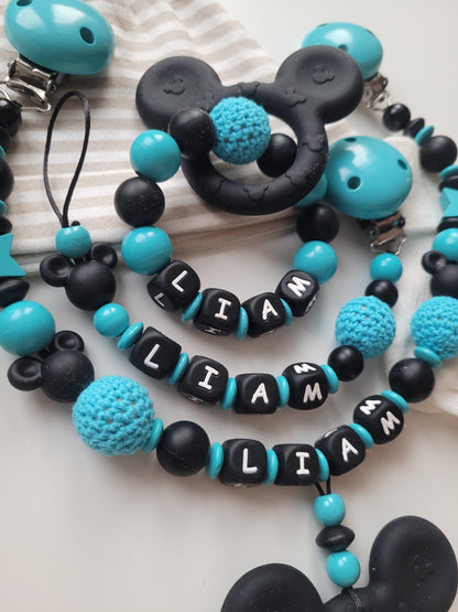 3er Set Schnullerkette Kinderwagenkette & Greifring mit Namen Maus türkis schwarz