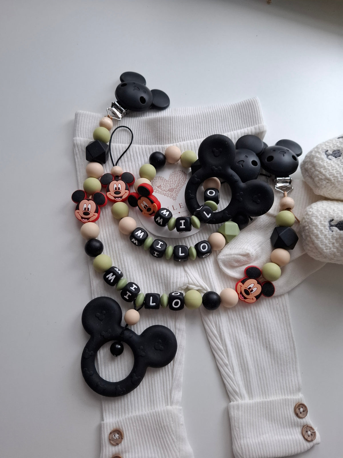 3er Set Schnullerkette Kinderwagenkette & Greifring mit Namen Maus schwarz grün beige