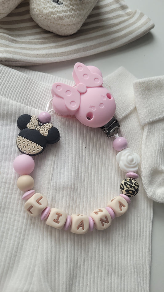 Schnullerkette mit Namen für Mädchen Maus & Blume