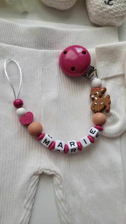 Kinderwagenkette & Schnullerkette mit Namen Rehe pink weiss braun