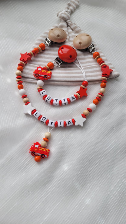 Kinderwagenkette & Schnullerkette mit Namen für Mädchen Feuerwehr