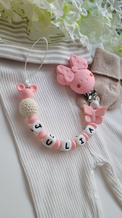 Kinderwagenkette & Schnullerkette mit Namen Schmetterling Maus & Blume rosa