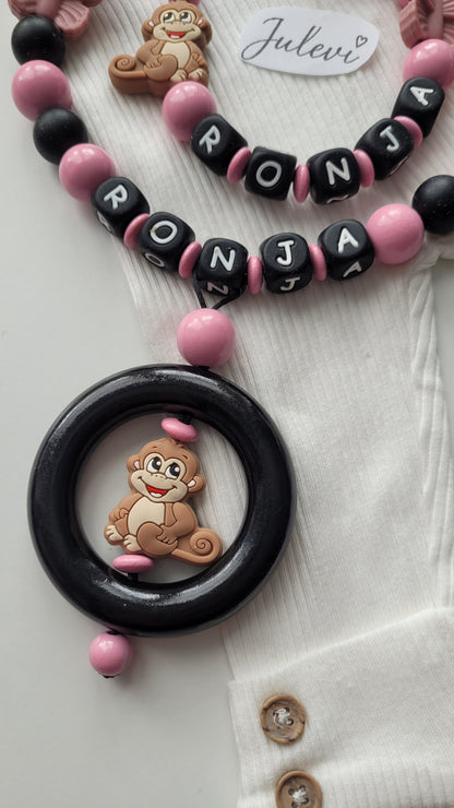 Kinderwagenkette & Schnullerkette Set mit Namen Affe Schmetterling schwarz blush Silikon Holz | personalisiert