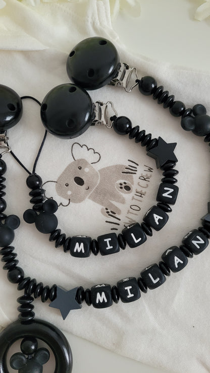 Kinderwagenkette & Schnullerkette mit Namen Maus black Spielringe