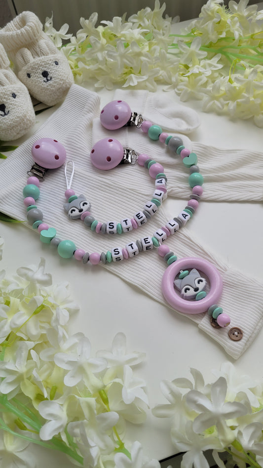 Kinderwagenkette & Schnullerkette mit Namen Fuchs rosa mint grau