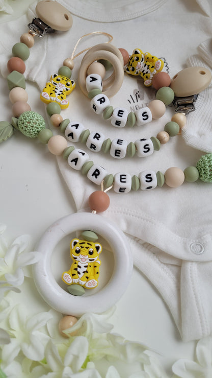 3tlg Set Schnullerkette Kinderwagenkette Greifling *Tiger* beige grün
