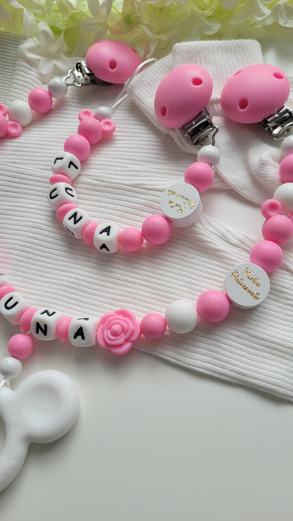 Kinderwagenkette & Schnullerkette mit Namen Minnie Maus kleine Prinzessin