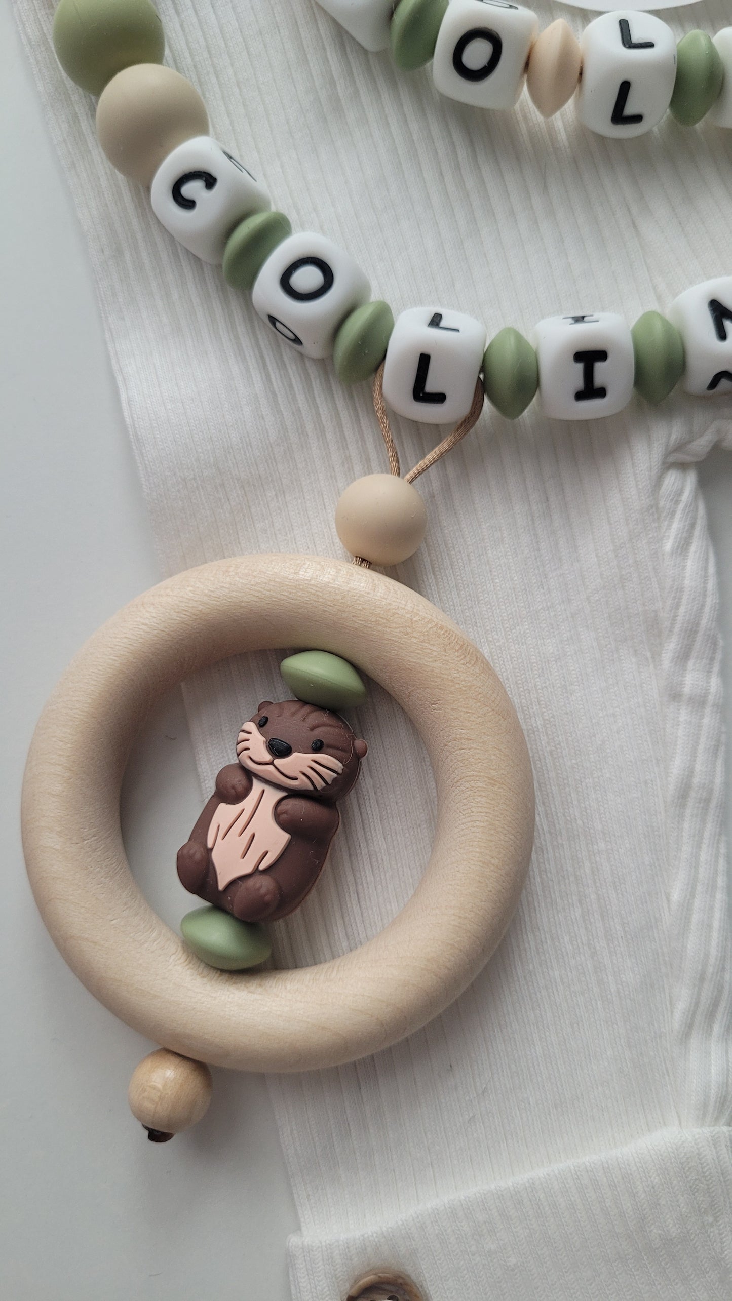 Kinderwagenkette & Schnullerkette Set Baby Otter beige braun grün | personalisiert